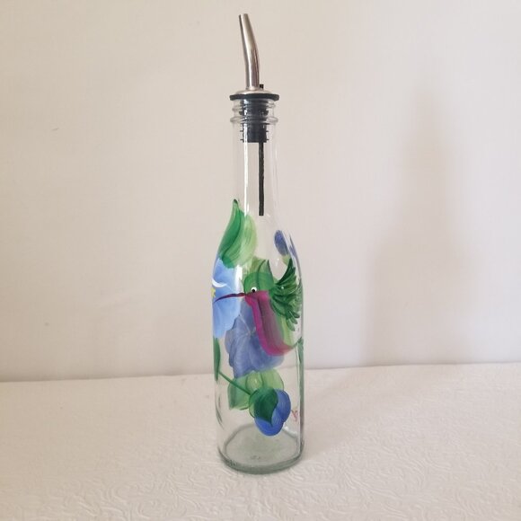 Vtg 9" Hand Painted Floral Hummingbird Clear Glass Olive Oil Dispenser 12.7 oz - Picture 1 of 13